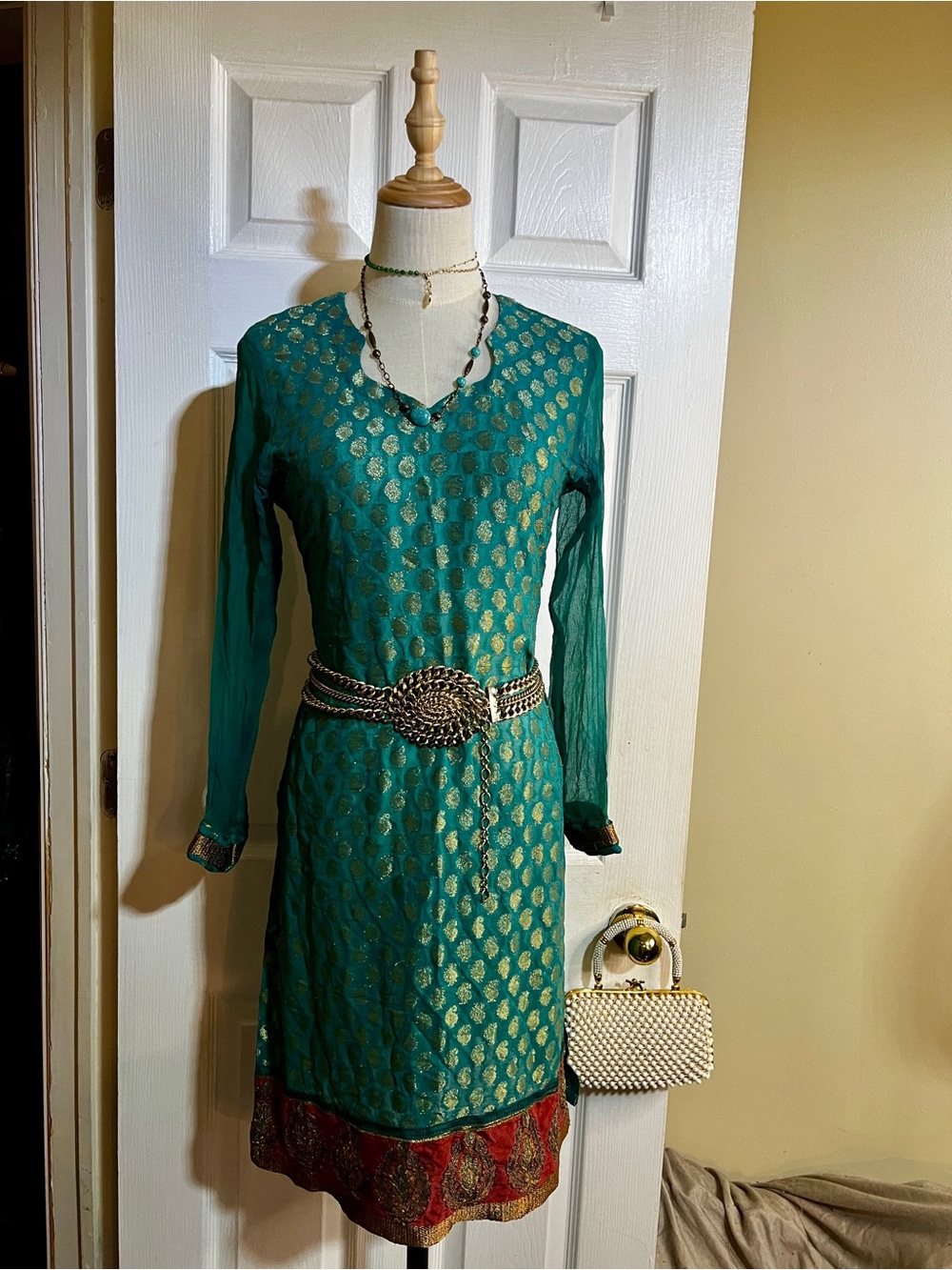 Handmade Silk Sheer Emerald Metallic Polka Dot Embroidery Ethnic Tunic Top M‎